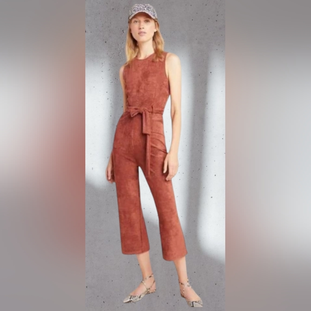 Anthropologie Chestnut Faux Suede Sleeveless Jumpsuit Cropped Leg Women Size L